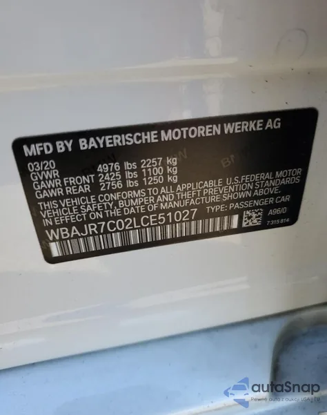 2020 BMW 530 Xi из США, поврежденный, VIN WBAJR7C02LCE51027